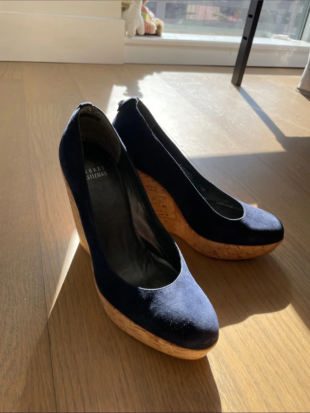 Stuart Weitzman Navy Corkswoon Wedge Pumps